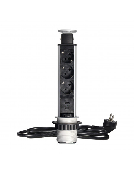 Gniazdo meblowe Ø6cm wysuwane z blatu z ładowarką USB, blokadą i przewodem 1,8m, 3x2P+Z (Schuko), srebrne