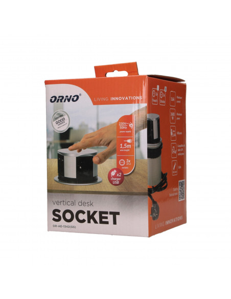 Gniazdo meblowe Ø10cm wysuwane z blatu z ładowarką USB i przewodem 1,5m, 3x2P+Z, 2xUSB, wersja schuko