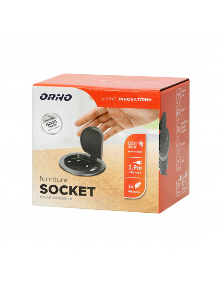  Gniazdo meblowe Ø6cm wpuszczane w blat z pokrywką, ładowarką USB i przewodem 1,9m, 1x2P+Z, 1xUSB, czarne, wersja...