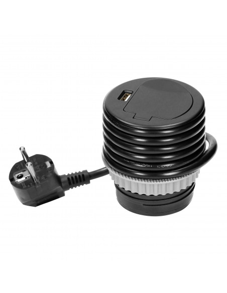  Gniazdo meblowe Ø6cm wpuszczane w blat z pokrywką, ładowarką USB i przewodem 1,9m, 1x2P+Z, 1xUSB, czarne, wersja...