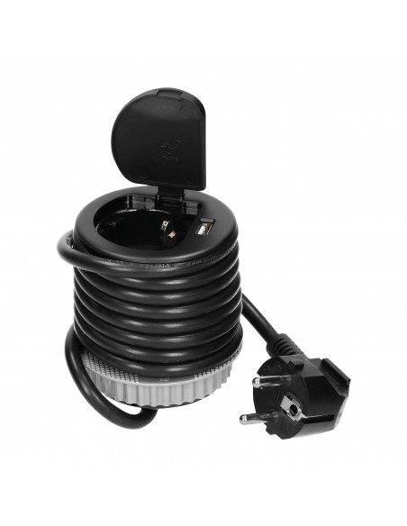  Gniazdo meblowe Ø6cm wpuszczane w blat z pokrywką, ładowarką USB i przewodem 1,9m, 1x2P+Z, 1xUSB, czarne, wersja...