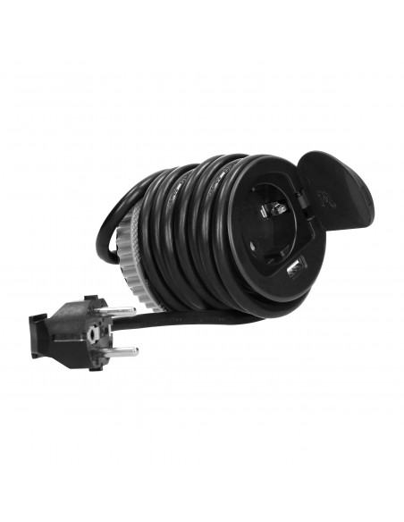  Gniazdo meblowe Ø6cm wpuszczane w blat z pokrywką, ładowarką USB i przewodem 1,9m, 1x2P+Z, 1xUSB, czarne, wersja...
