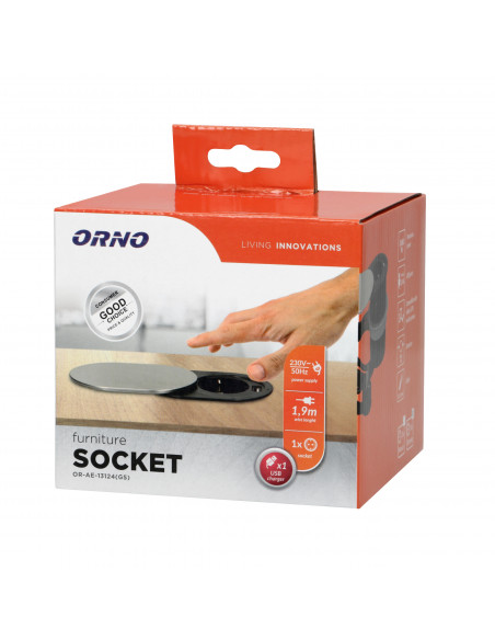  Gniazdo meblowe Ø6cm, wpuszczane w blat z przesuwną pokrywką, ładowarką USB i przewodem 1,9m, 1x2P+Z, 1xUSB (2,4A),...