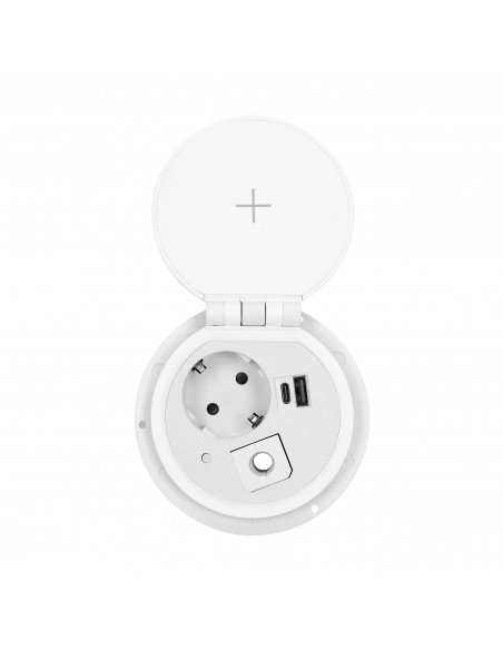  Gniazdo meblowe Ø8cm wpuszczane w blat z ładowarką indukcyjną, ładowarką USB z 2 gniazdami A i C, przelotką...