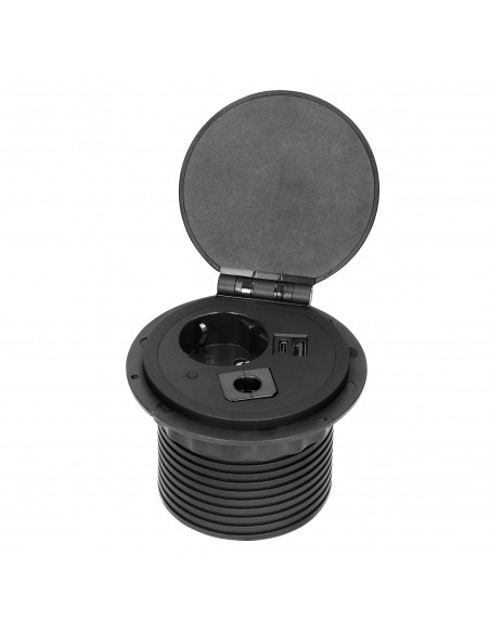  Gniazdo meblowe Ø8cm wpuszczane w blat z ładowarką indukcyjną, ładowarką USB z 2 gniazdami A i C, przelotką...