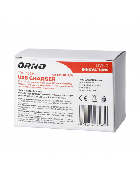 Ładowarka 2XUSB 3,4A, wpuszczana w blat, srebrna