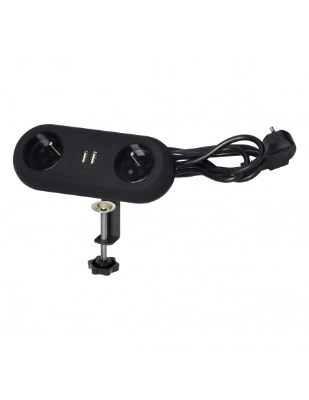 Gniazdo meblowe z uchwytem montażowym,  ładowarką USB, 2 gniazda 2P+Z, 2xUSB, przewód 3x1,0mm² - 1,5m, czarne