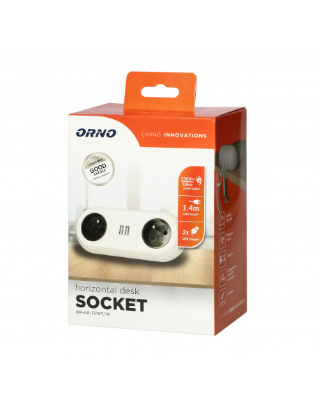 Gniazdo meblowe z uchwytem montażowym,  ładowarką USB, 2 gniazda 2P+Z, 2xUSB, przewód 3x1,0mm² - 1,5m, białe
