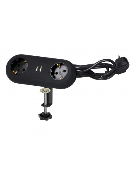  Gniazdo meblowe z uchwytem montażowym,  ładowarką USB, 2 gniazda 2P+Z (Schuko), 2xUSB, przewód 3x1,5mm² - 1,4m,...