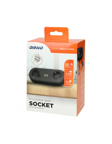  Gniazdo meblowe z uchwytem montażowym,  ładowarką USB, 2 gniazda 2P+Z (Schuko), 2xUSB, przewód 3x1,5mm² - 1,4m,...