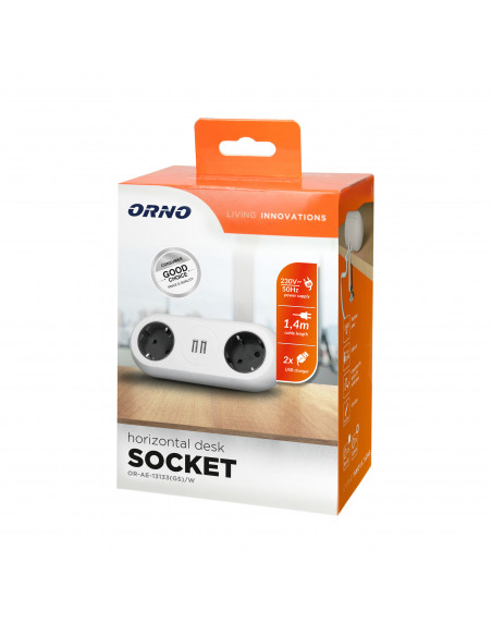  Gniazdo meblowe z uchwytem montażowym,  ładowarką USB, 2 gniazda 2P+Z (Schuko), 2xUSB, przewód 3x1,5mm² - 1,4m,...