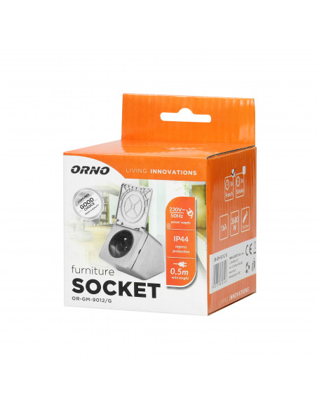 Gniazdo meblowe podszafkowe z klapką, IP44, 1x2P+Z, srebrne