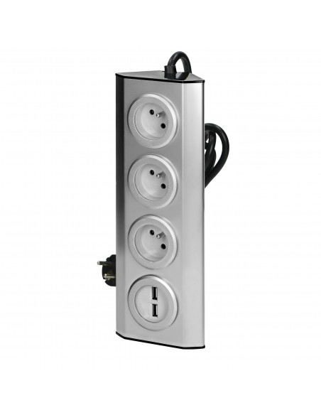  Gniazdo meblowe, kuchenne  z ładowarką USB, montowane na rzepy z przewodem 1,5m - 3x2P+Z, 2xUSB, INOX z przewodem...