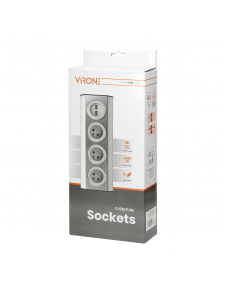  Gniazdo meblowe, kuchenne  z ładowarką USB, montowane na rzepy z przewodem 1,5m - 3x2P+Z schuko, 2xUSB, INOX z...