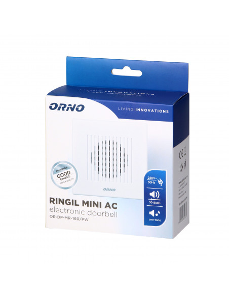 Dzwonek przewodowy elektroniczny jednotonowy RINGIL MINI AC, 230V, śnieżno biały