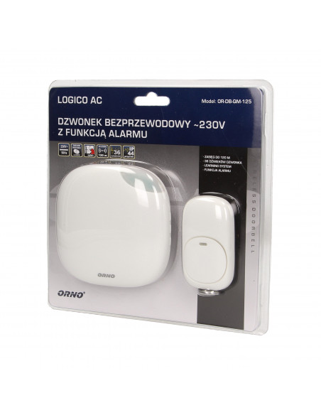 Dzwonek bezprzewodowy LOGICO AC, sieciowy, funkcja alarmu, learning system, 36 dźwięków, 120m